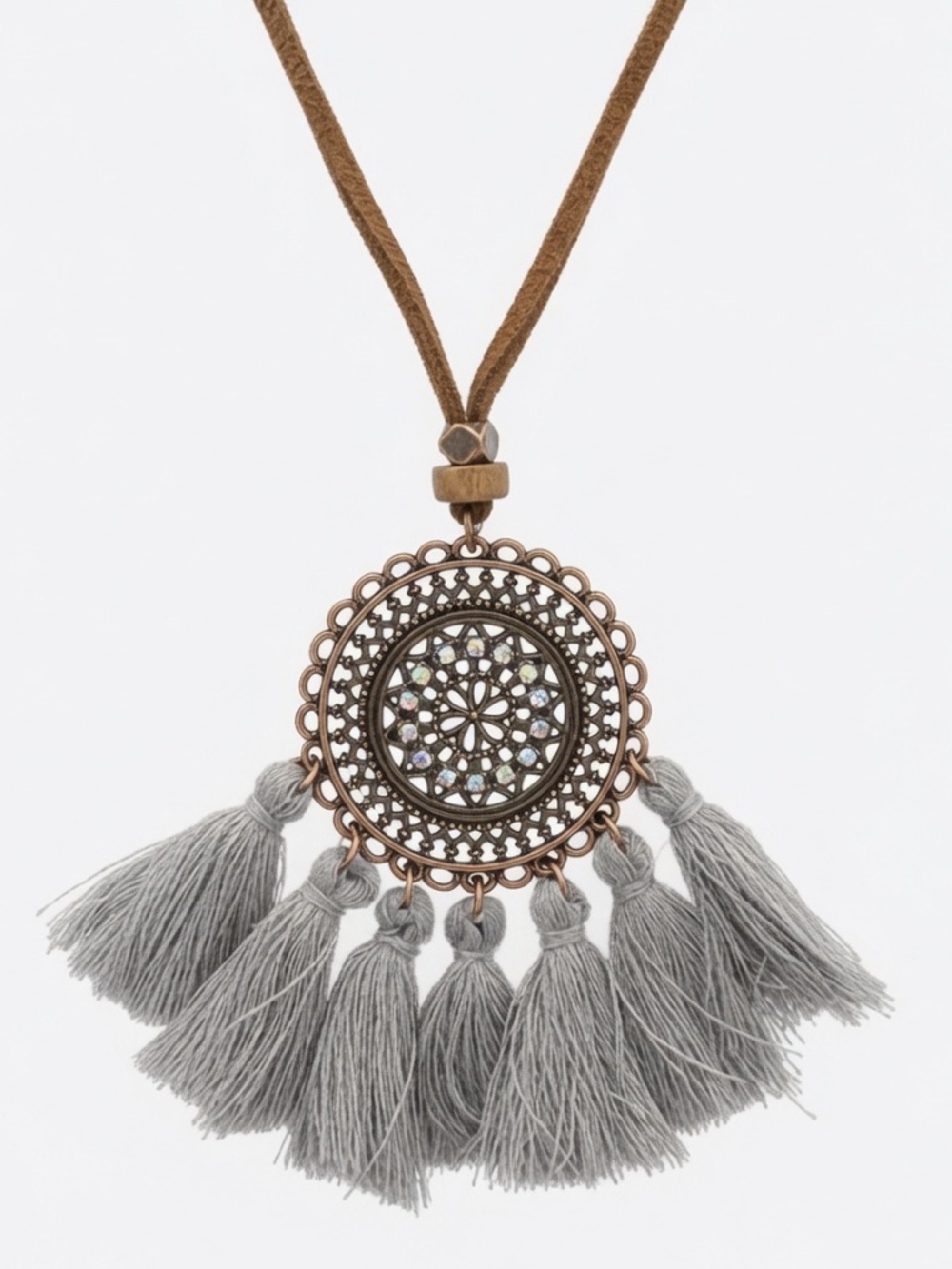Boho Crystal Filigree Tassel Long Suede Necklace